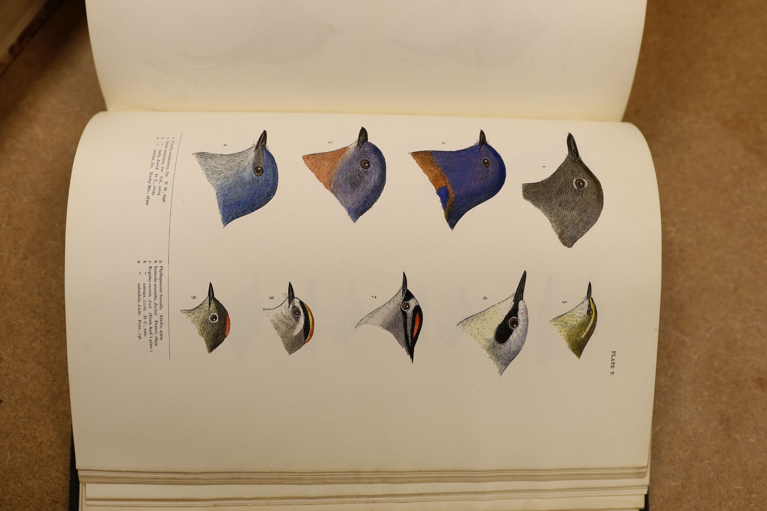 Baird, S.F. & Others - A History of North America Birds: Land Birds, 3 vols., coloured plates and other illus.; old half leather and marbled boards, gilt tops and marbled e/ps., 4to.